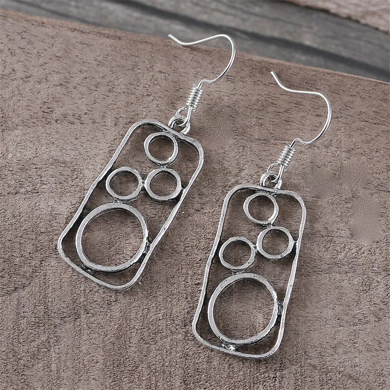 Round ring earrings with geometric irregular square design in antique silver finish