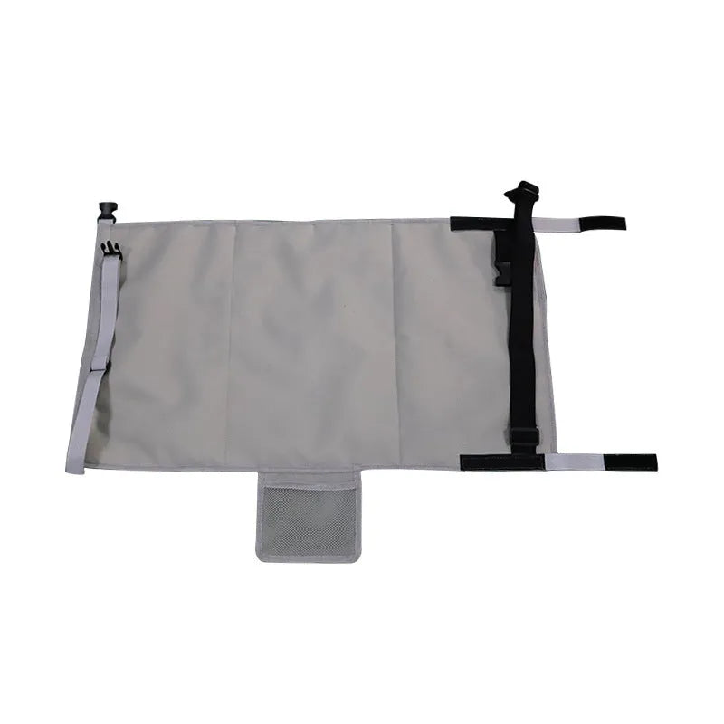 Portable blue nylon aircraft seat extender for children with drawstring storage pocket attached