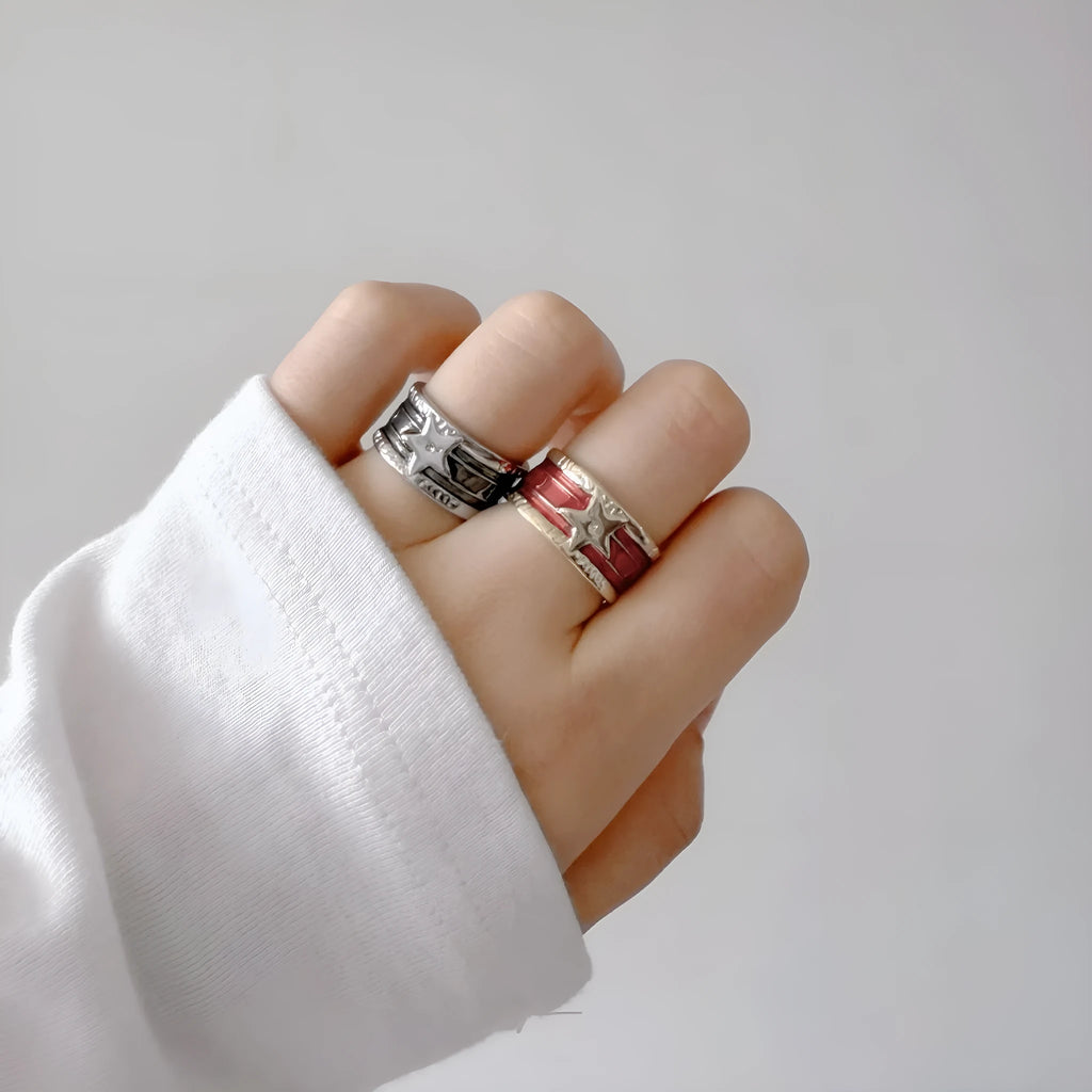 Adjustable geometric copper drop oil ring with a distressed retro finish.