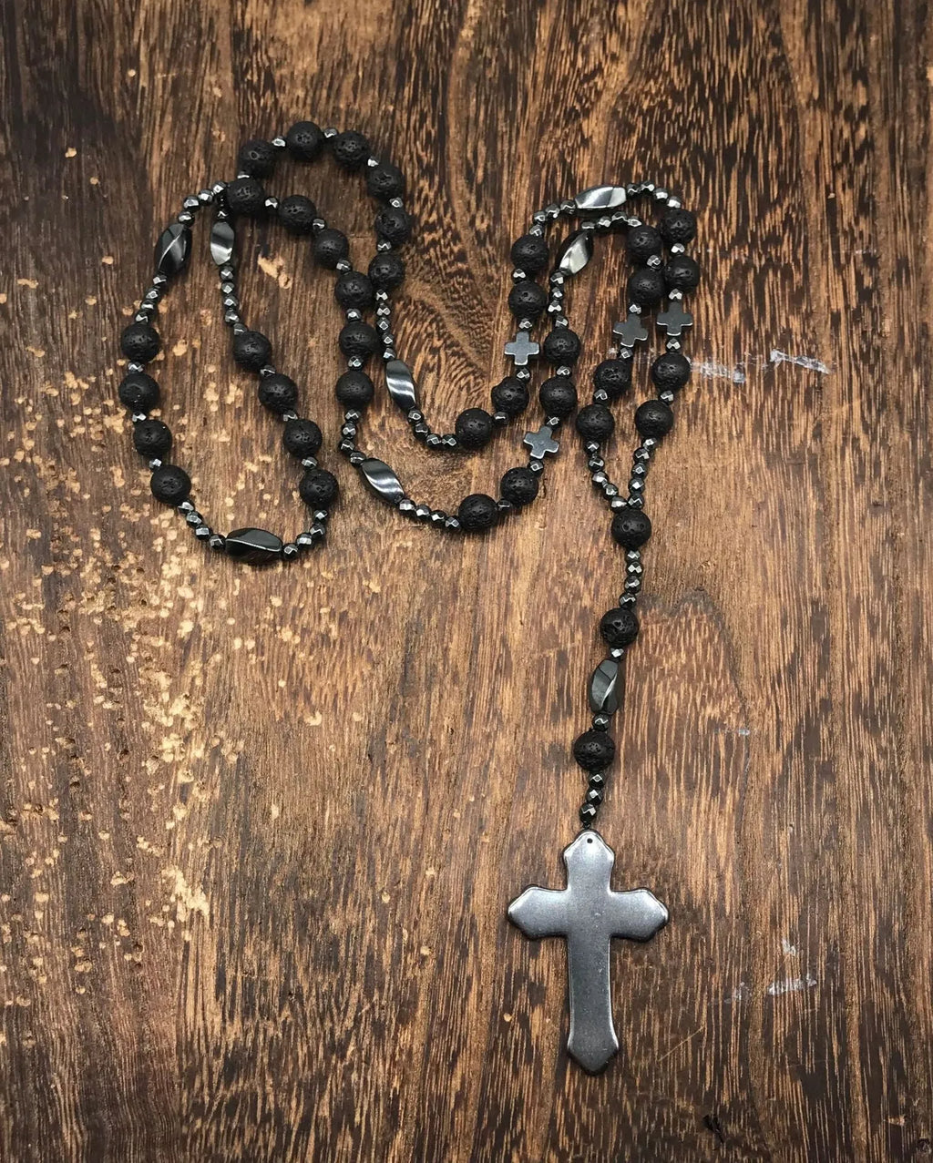 Men's stone cross pendant necklace with ball bead chain and safety lock clasp