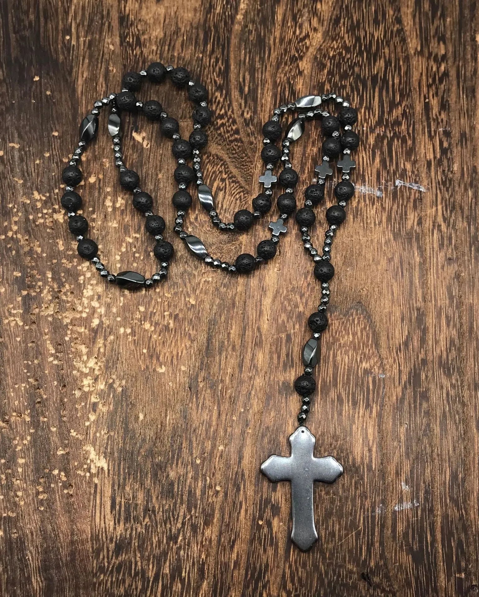 Men's stone cross pendant necklace with ball bead chain and safety lock clasp