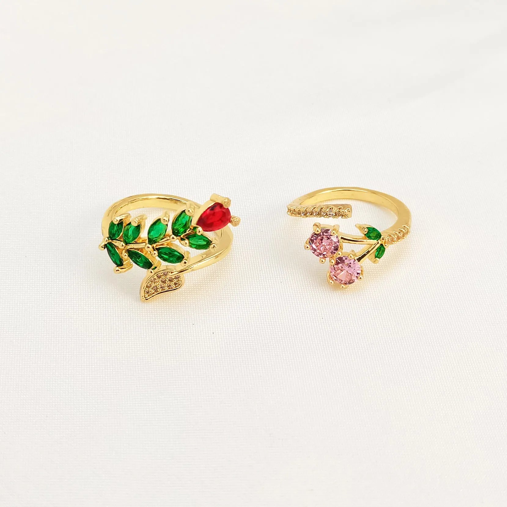 Copper gold plated open ring with micro-inlaid zircon leaf design in pink or green