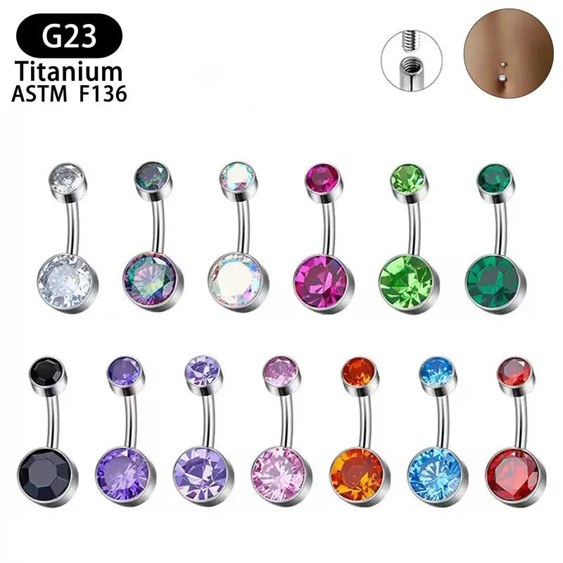 Double-headed zircon titanium alloy navel stud in multiple colours and sizes.