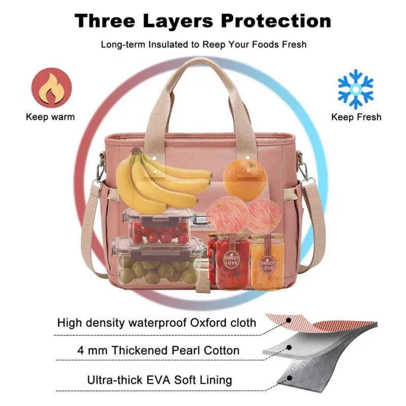 Insulated cube-style hiking bag with removable shoulder strap and side pocket in Oxford cloth
