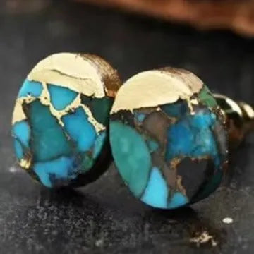 Natural stone bohemian stud earrings with irregular labradorite stones in silver settings