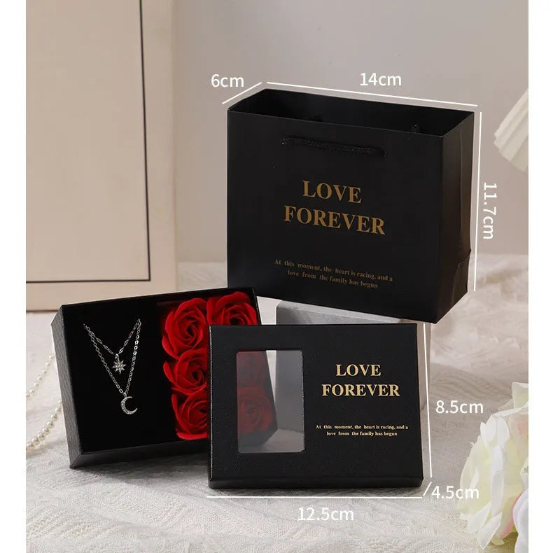 Red Korean-style soap flower gift set with six flowers in a box, handbag, and measuring 12.5 by 8.5 by 4.5 cm.