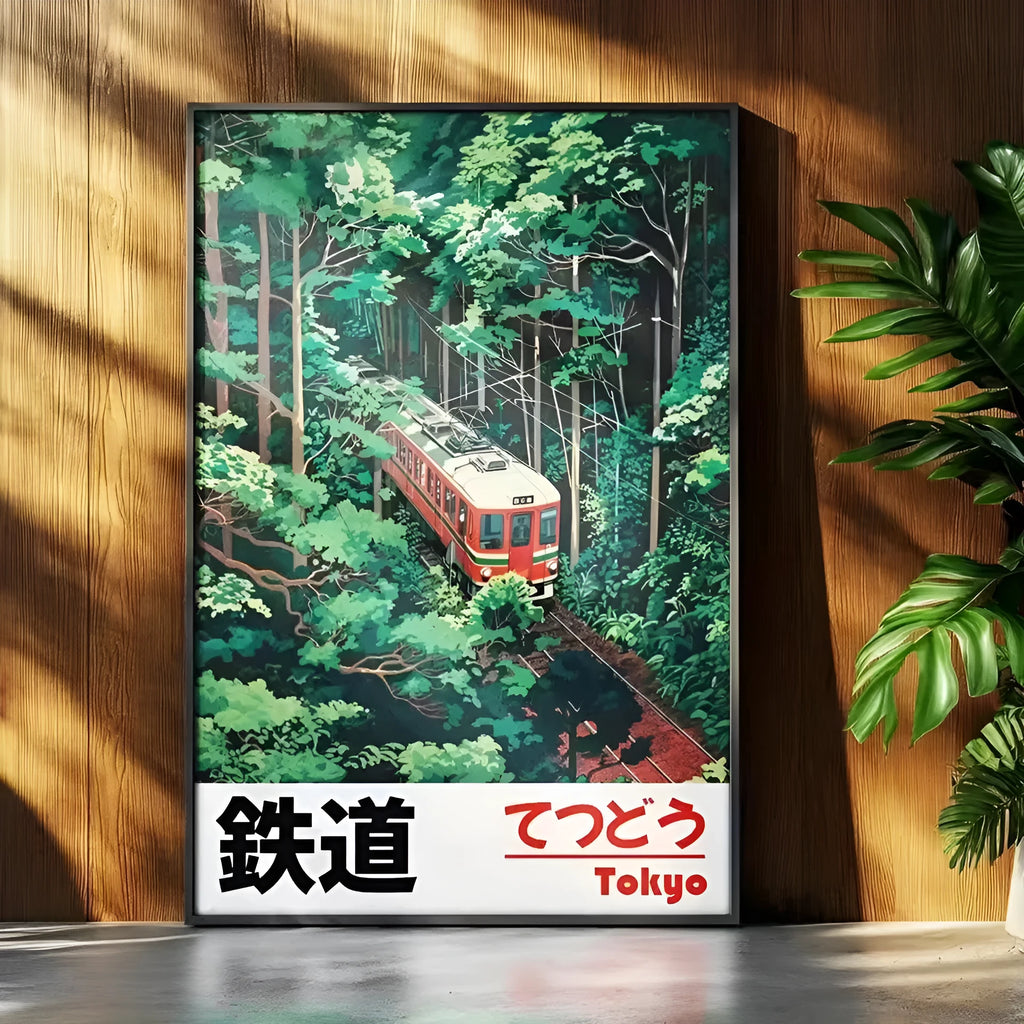 Retro Japanese landscape canvas print of a railway scene, unframed wall art