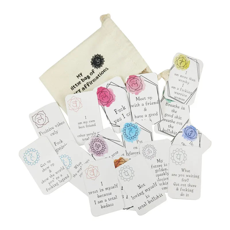 16-piece funny affirmation card set with colourful healing series designs in greeting card bag