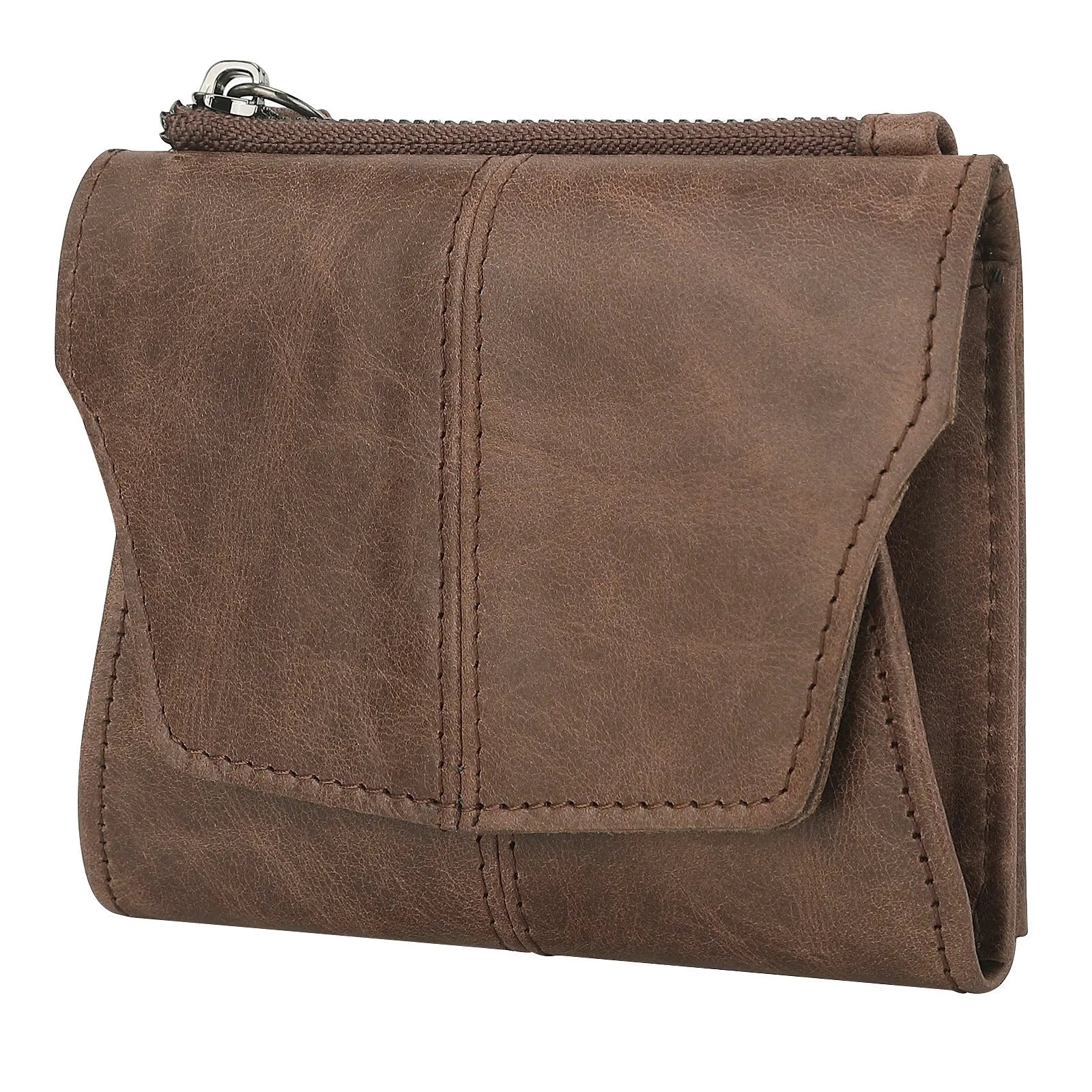 Genuine leather coin purse with stitching details in brown colour showing RFID protection feature