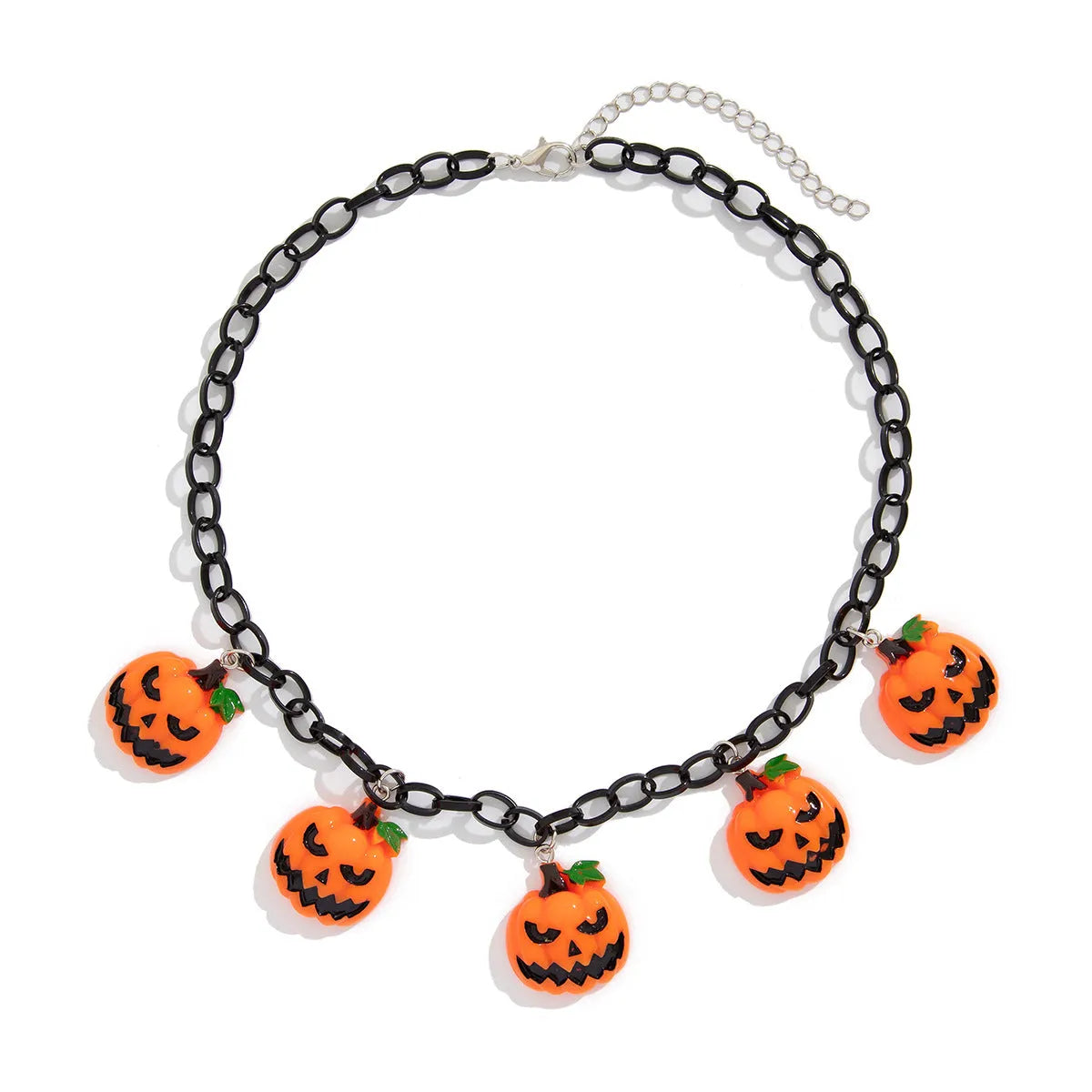 Halloween necklace with ghost and pumpkin cartoon pendants on a chain, in mixed colours.