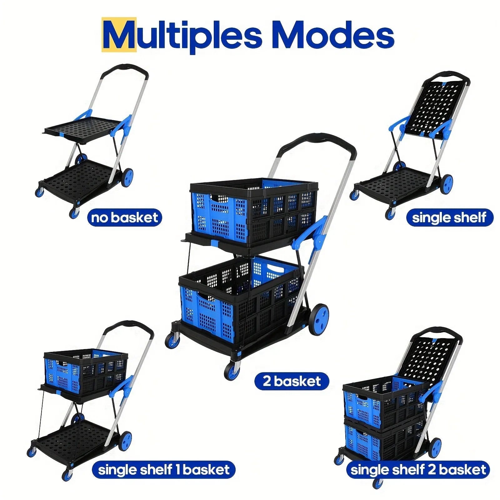 Foldable plastic shopping cart with double baskets in blue, purple, pink, or red colour options