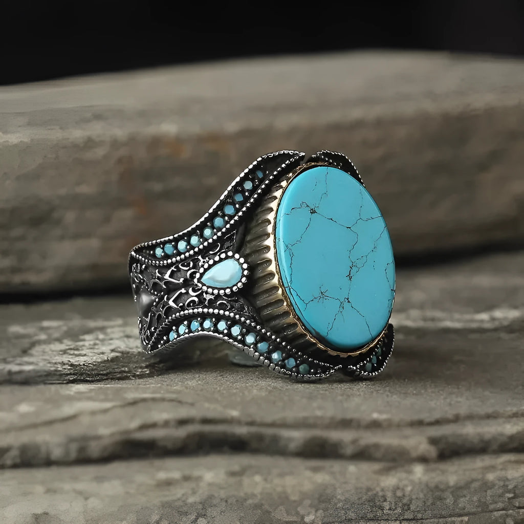 Men's round turquoise alloy ring with antique silver finish showing UK size markings