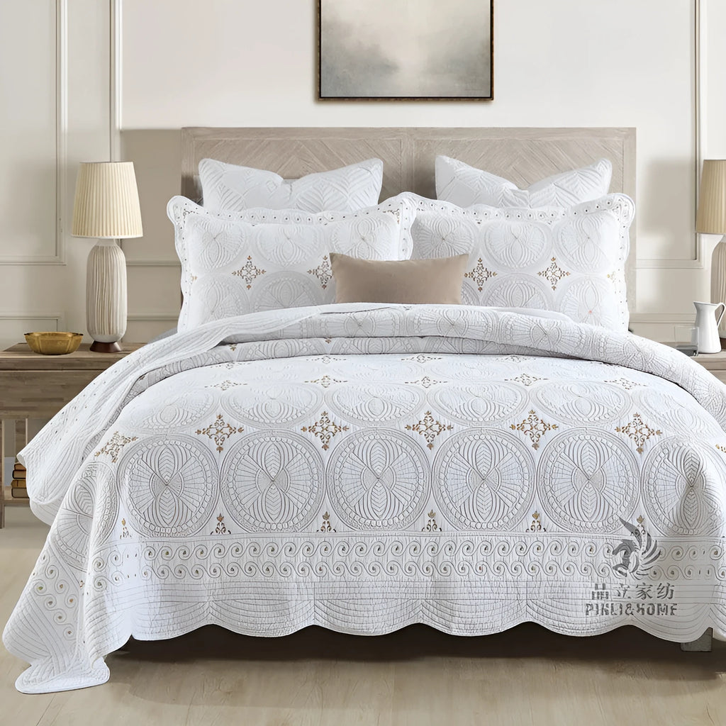 European-style pure cotton embroidery bed cover set with pillowcases for 1.8 metre beds
