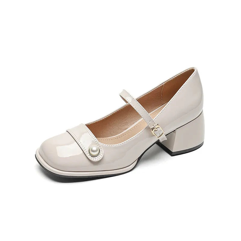 Women's patent leather chunky heel ankle boots with buckle fastening and square toe in three colour options