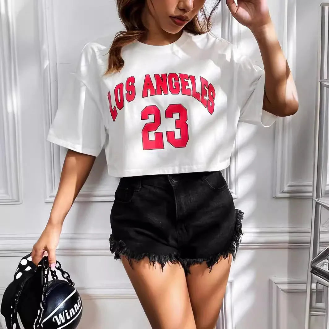 Women's personalised cotton T-shirt with custom English letters in loose Korean casual crop style