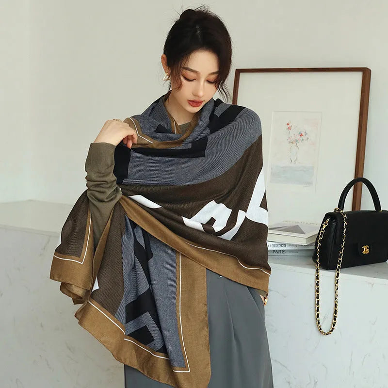 Elegant printed polyester scarf for women, shown in a style option, measuring 90cm by 180cm.