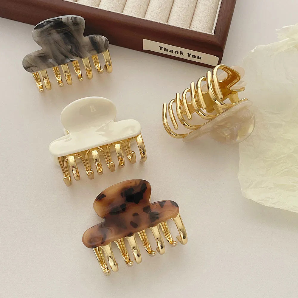 Women's retro acetate barrettes with metal grip in beige, white, ink, or leopard print colours