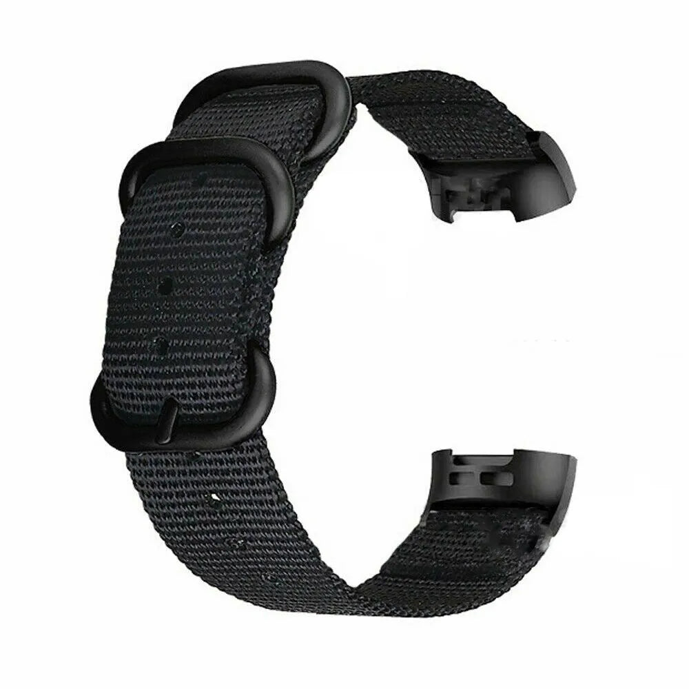 Nylon three-ring buckle replacement strap for Fitbit Charge fitness tracker in multiple colours.