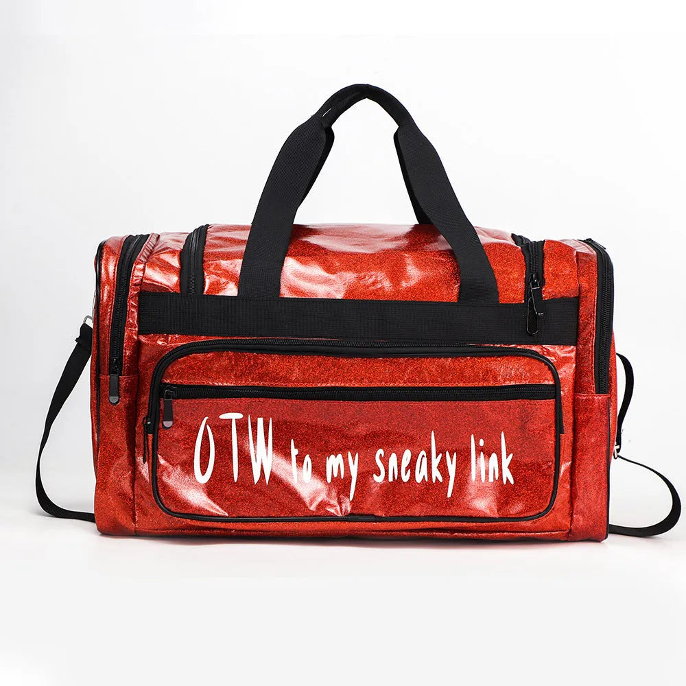 Large silver PU leather sports handbag with letter design for yoga and fitness