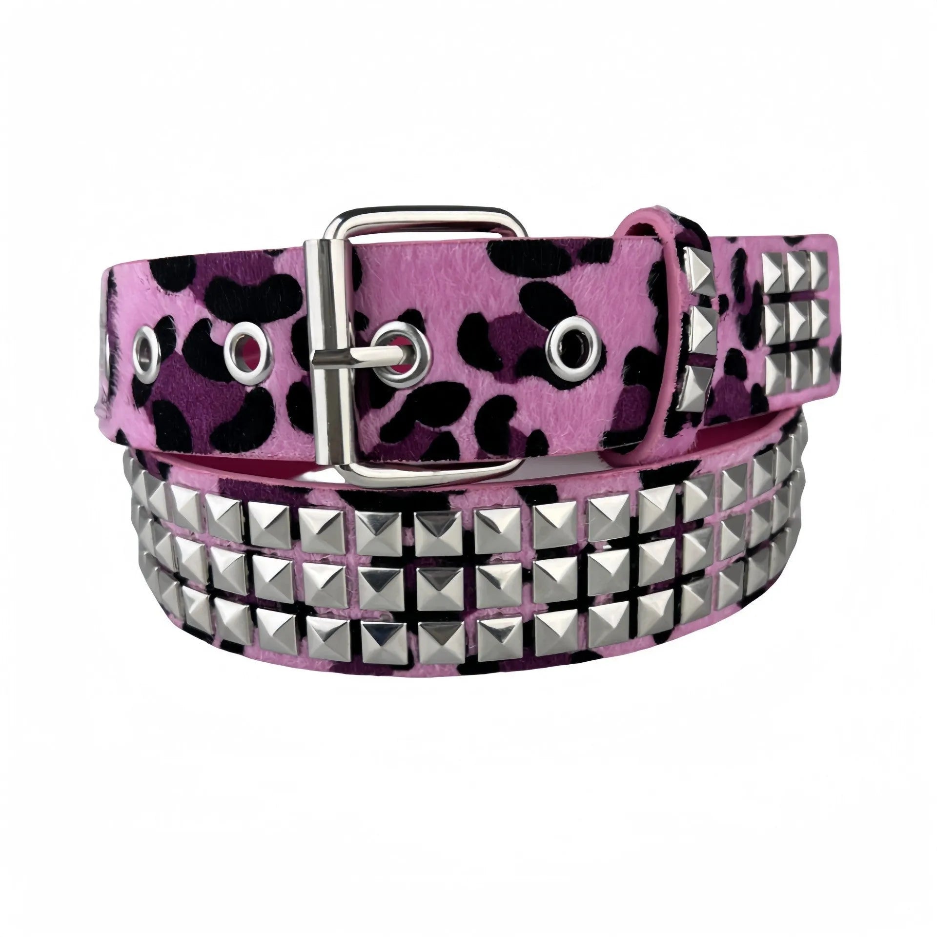 Women's punk fashion belt with metal rivets on a brown leopard print PU leather strap and alloy buckle.
