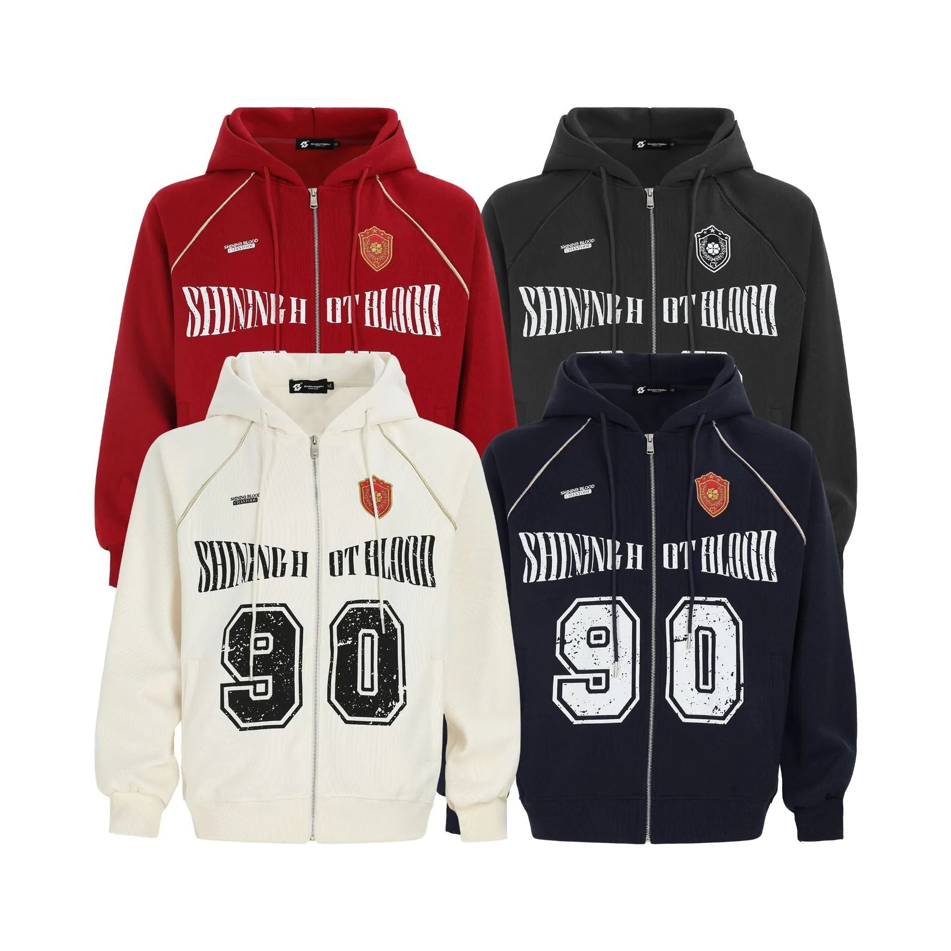 Women's loose-fit hooded jacket with letter embroidery in red, available in three other colours