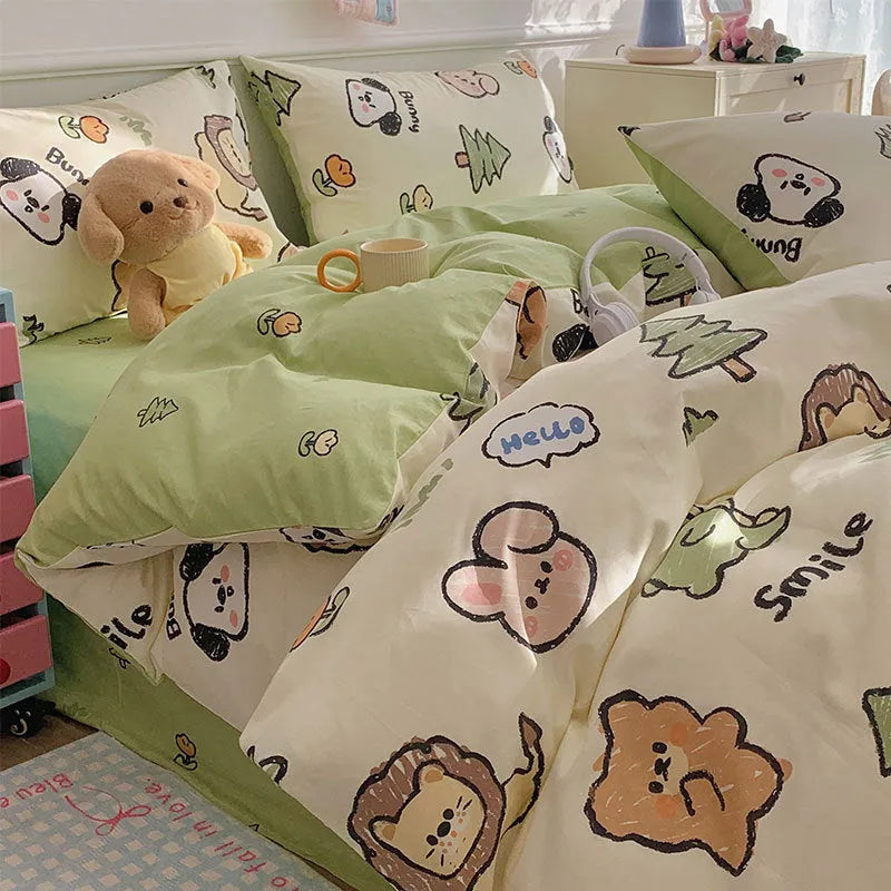 Cartoon dog pattern cotton bedding four-piece set shown on bed with reactive printed designs