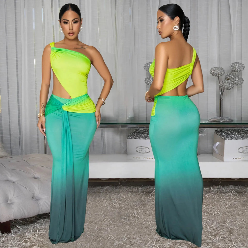 Women's gradient colour cross-shoulder summer dress in polyester, shown in a high-waist long skirt style.