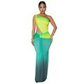 Women's gradient colour cross-shoulder summer dress in polyester, shown in a high-waist long skirt style.