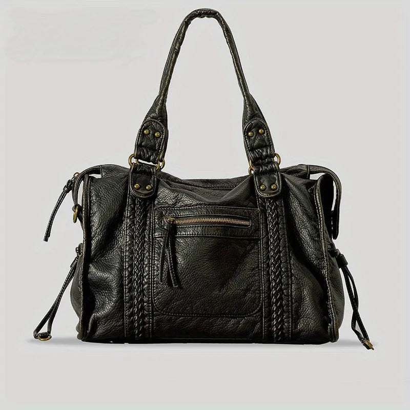 Women's retro shoulder messenger bag in soft PU leather with internal compartments and weaving detail