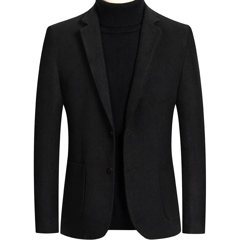 Men's slim-fit wool suit jacket in grey, shown on a hanger.