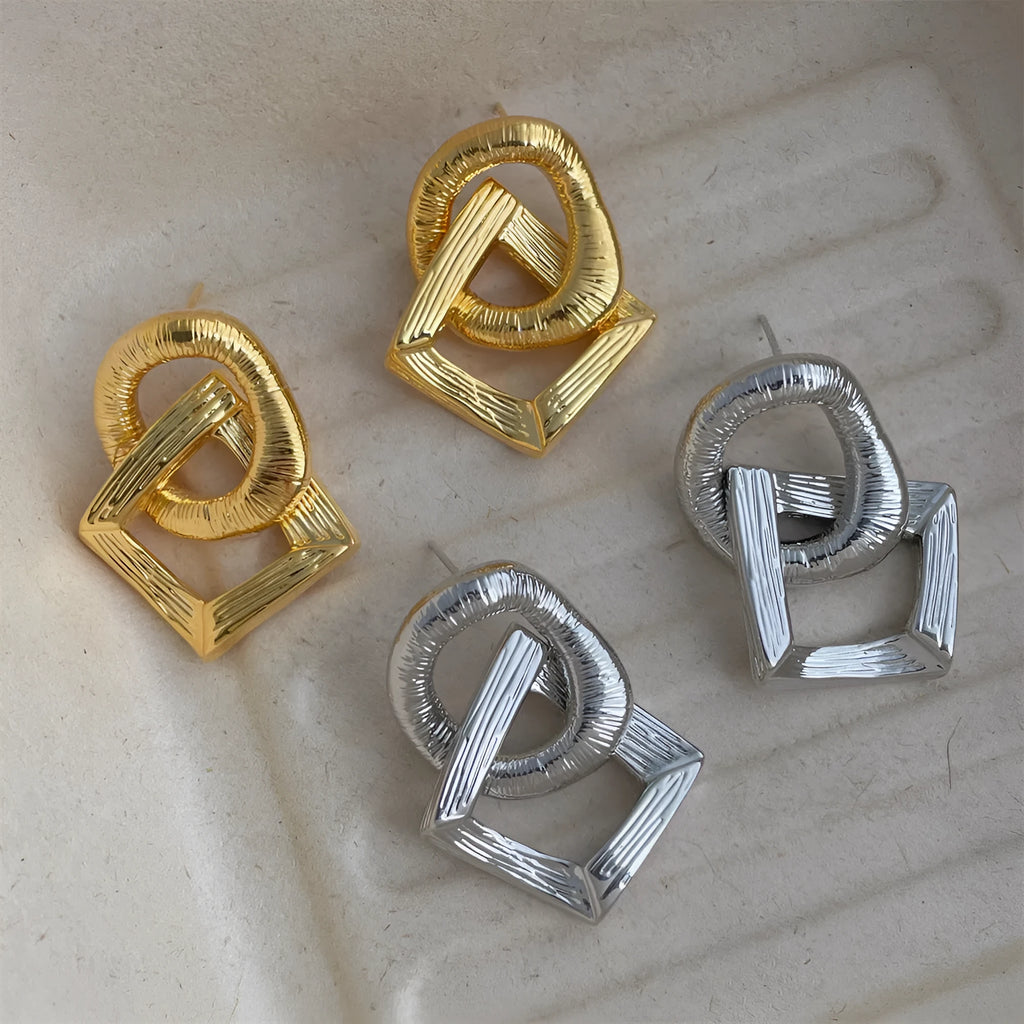 Geometric copper pendant earrings with 3.4cm drop and electroplated gold or silver finish