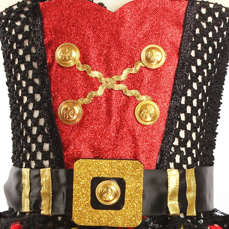 Girls sleeveless pirate Halloween dress costume with sequin, mesh, and lace decoration.