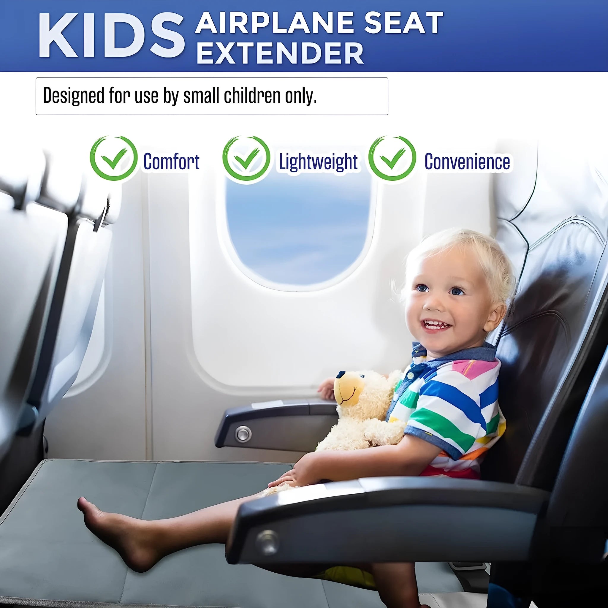 Portable blue nylon aircraft seat extender for children with drawstring storage pocket attached