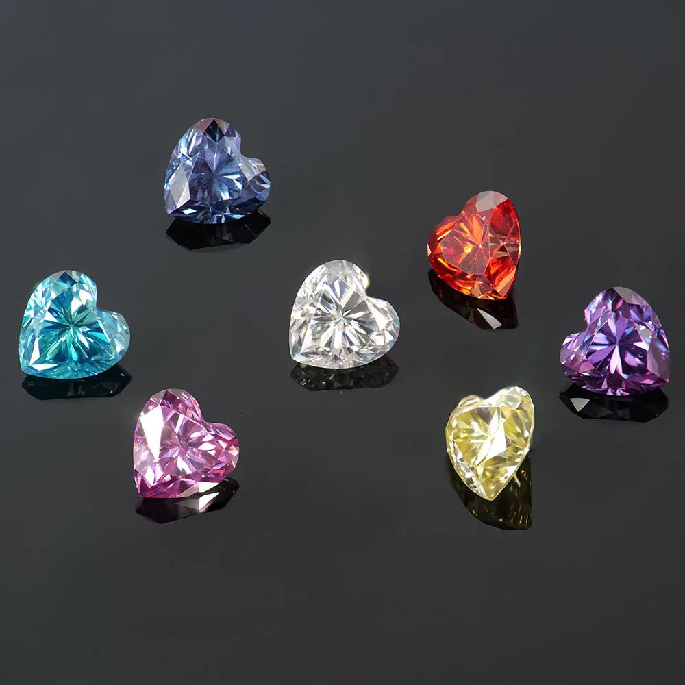 Loose lemon yellow heart-shaped moissanite stone on a plain background showing its size and cut.