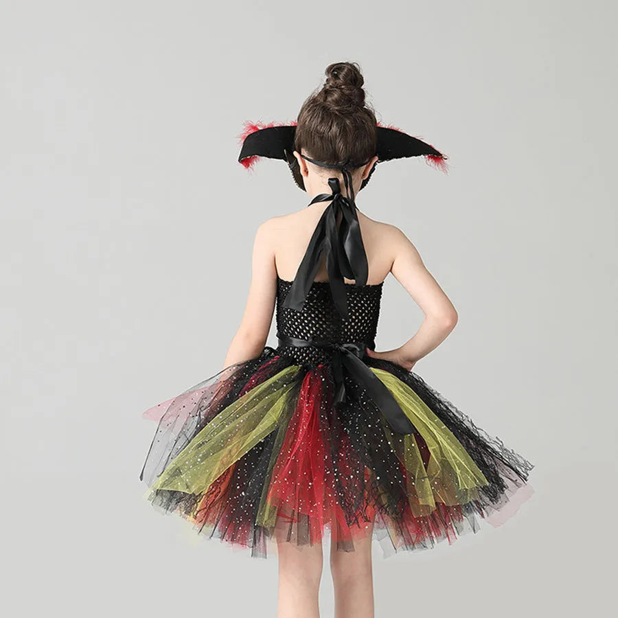 Girls sleeveless pirate Halloween dress costume with sequin, mesh, and lace decoration.