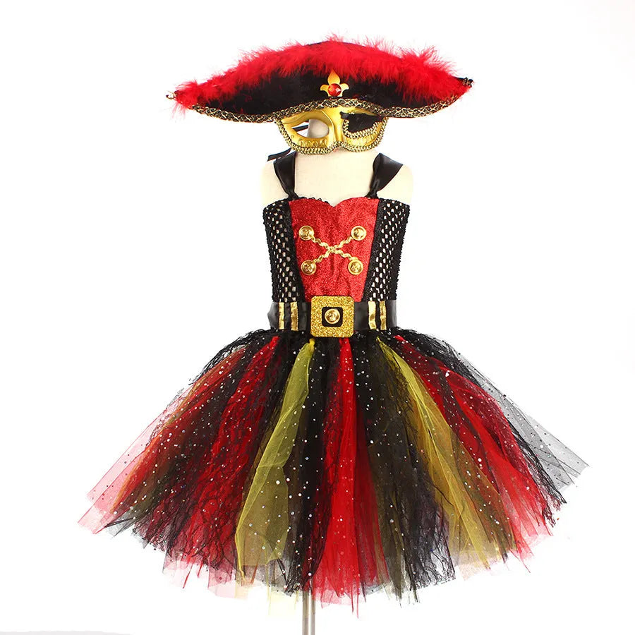 Girls sleeveless pirate Halloween dress costume with sequin, mesh, and lace decoration.