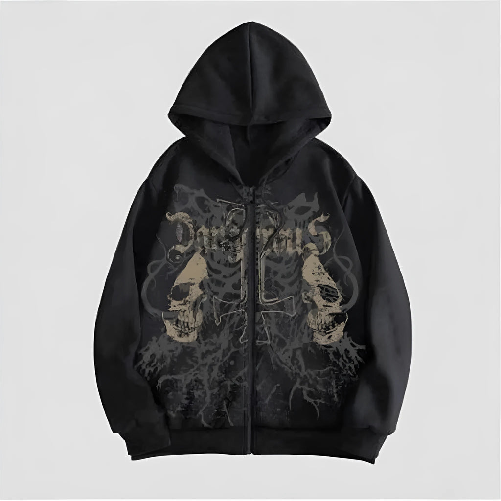 Black men's hooded sweatshirt with a white skull hot stamp print on the chest.