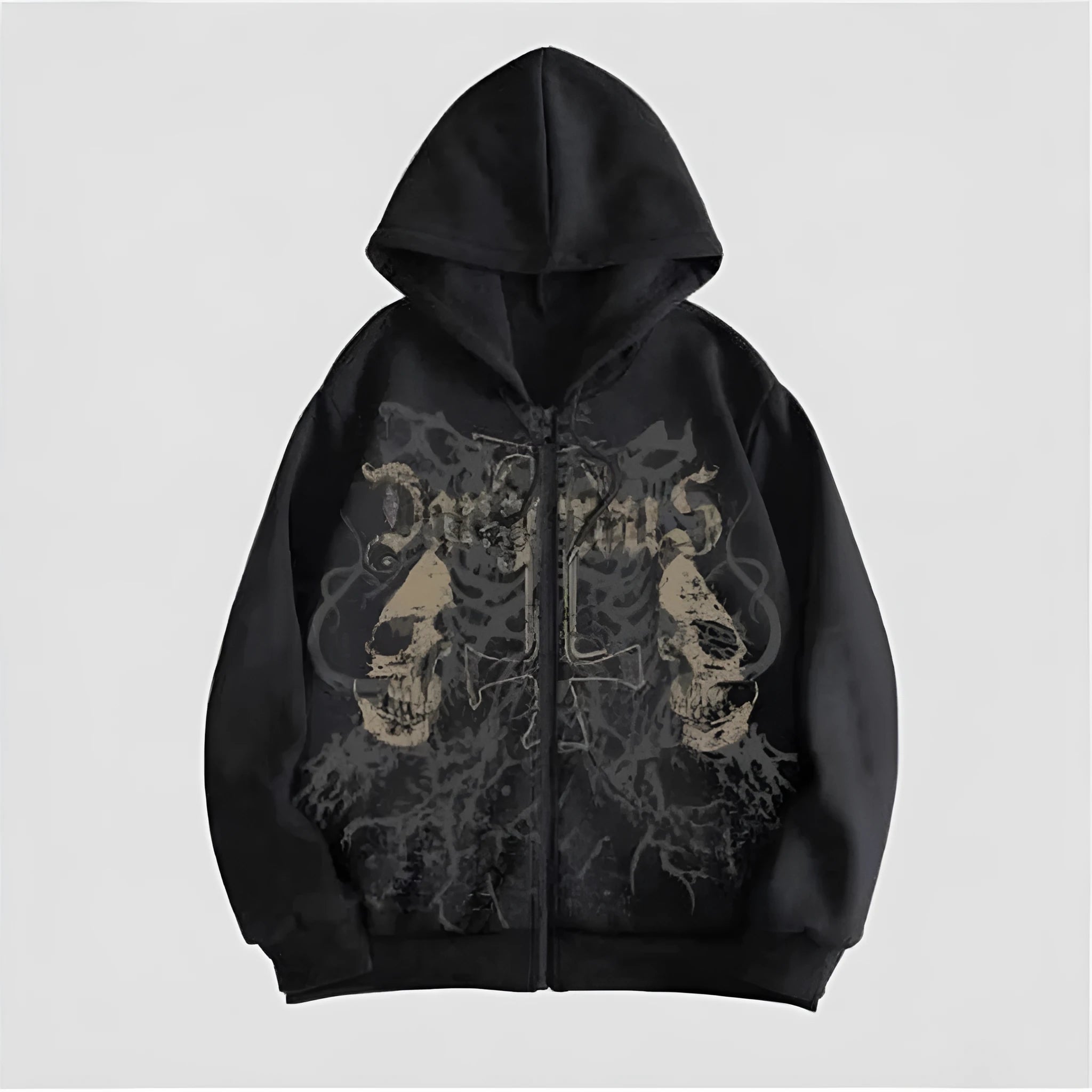 Black men's hooded sweatshirt with a white skull hot stamp print on the chest.