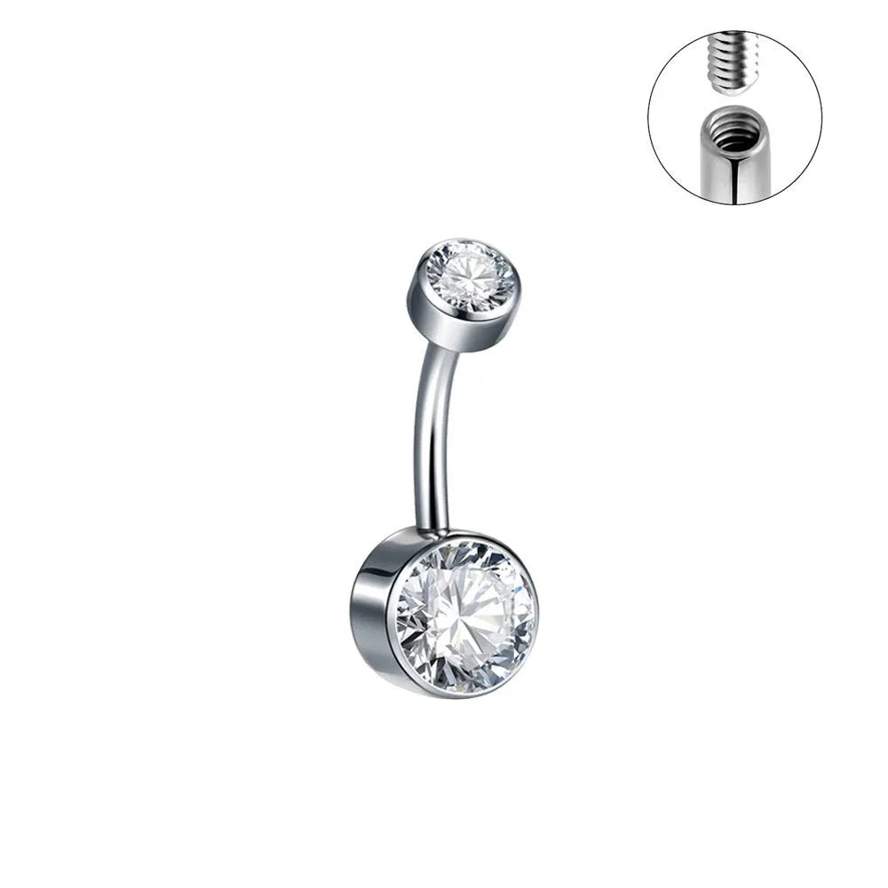 Double-headed zircon titanium alloy navel stud in multiple colours and sizes.