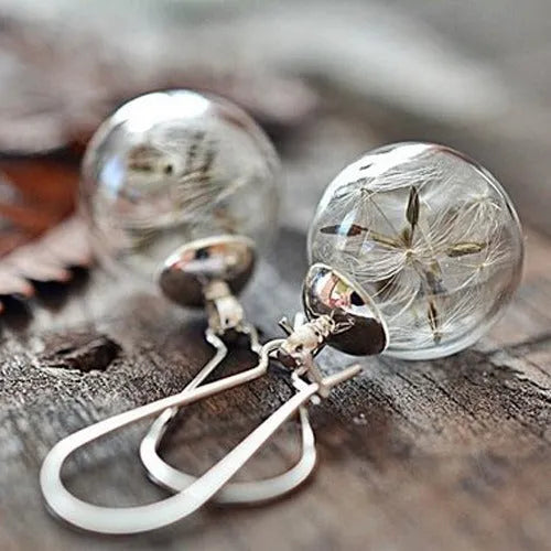 16mm transparent glass ball earrings with crystal dandelion seed detailing on French hooks