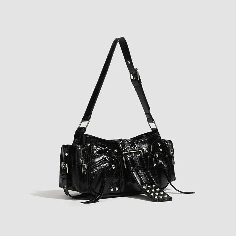 Black retro oil wax leather handbag with dumpling shape and internal organisation compartments