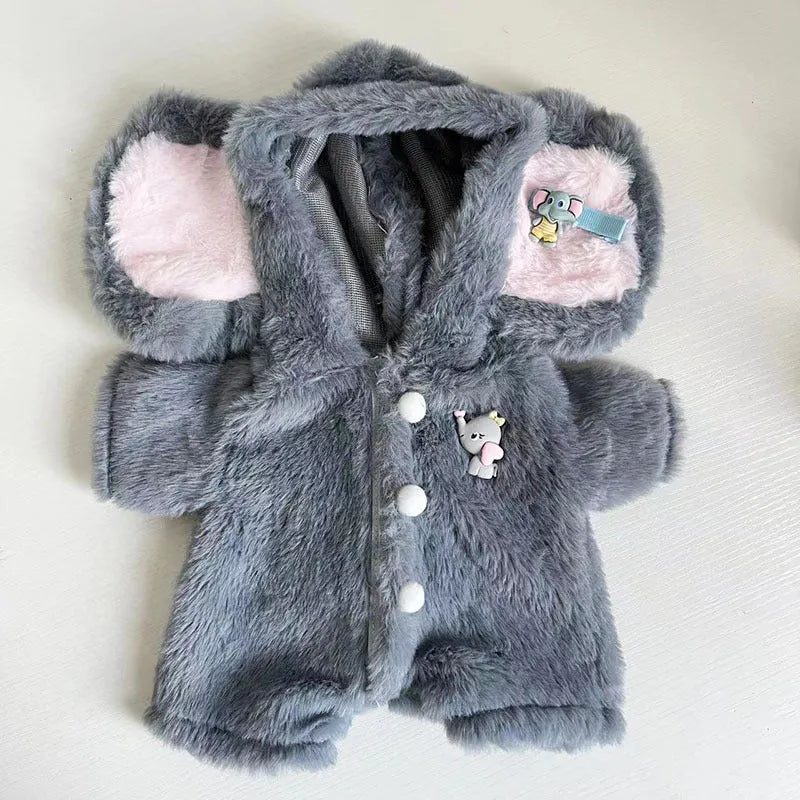 Grey elephant jumpsuit doll clothing for 30cm Lina teddy bears made from plush fabric
