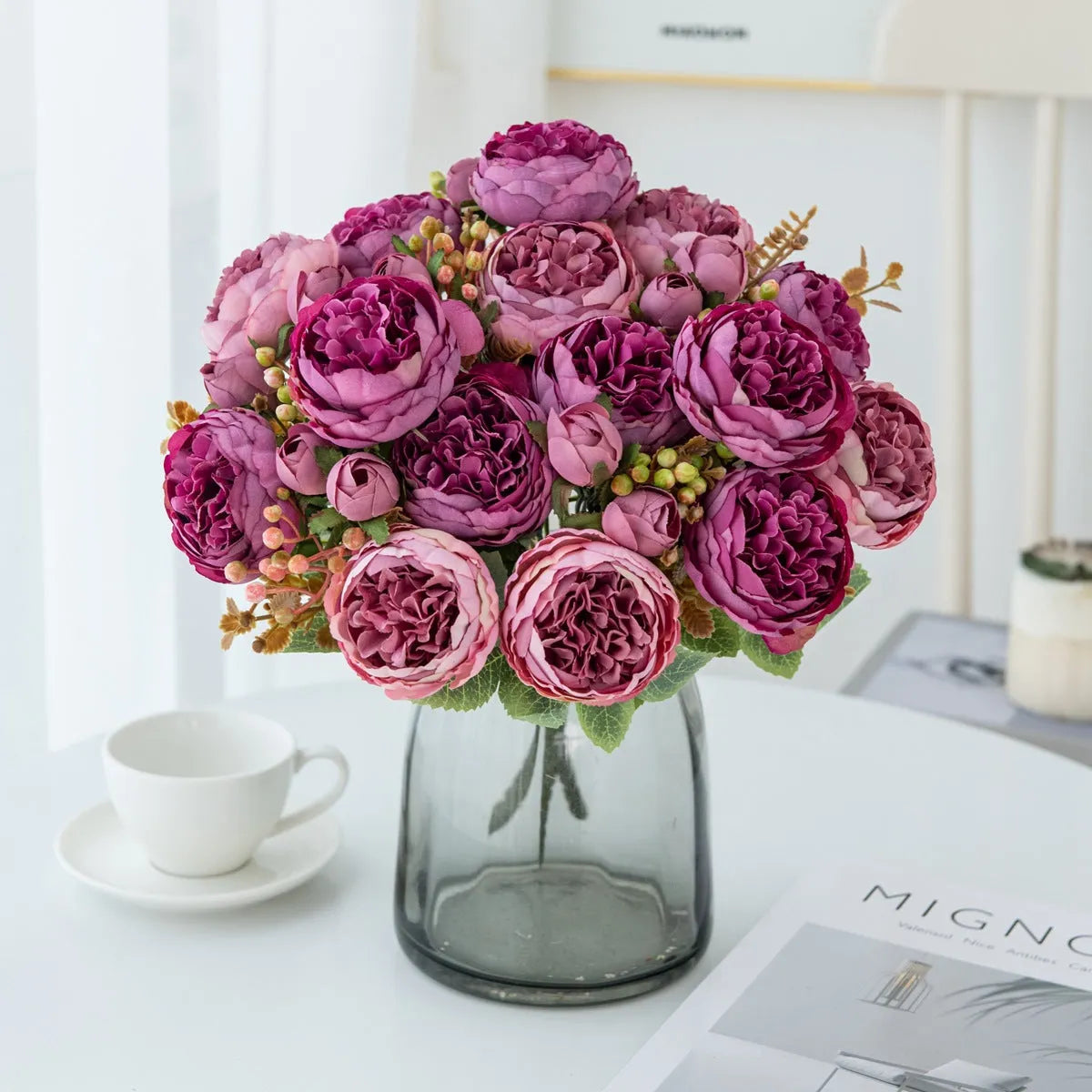 Silk artificial peony flower bouquet in multiple colour options for wedding or home decoration