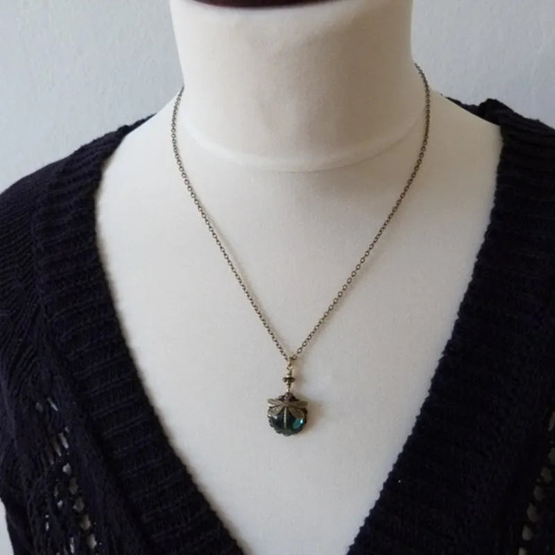 Yellow 925 silver dragonfly pendant necklace with vintage bronze carving on chain