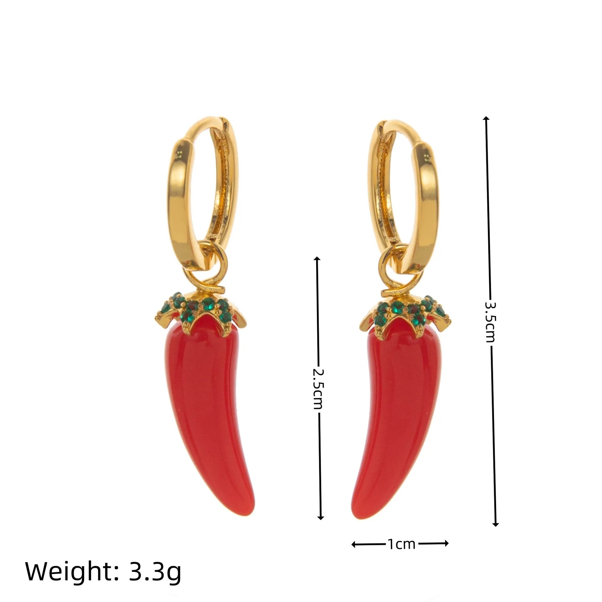 Gold plated copper earrings with detailed carrot, orange, blueberry, chilli, lemon, olive, and peach designs.