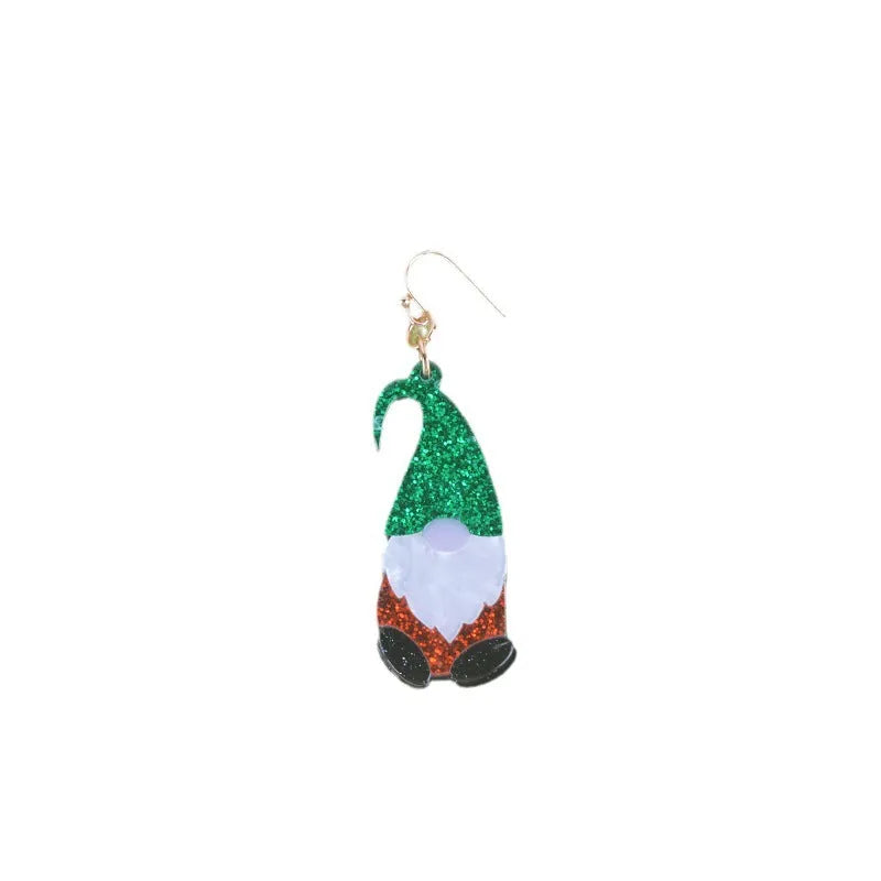 Pair of cartoon Santa Claus acrylic earrings in red and green hat style.