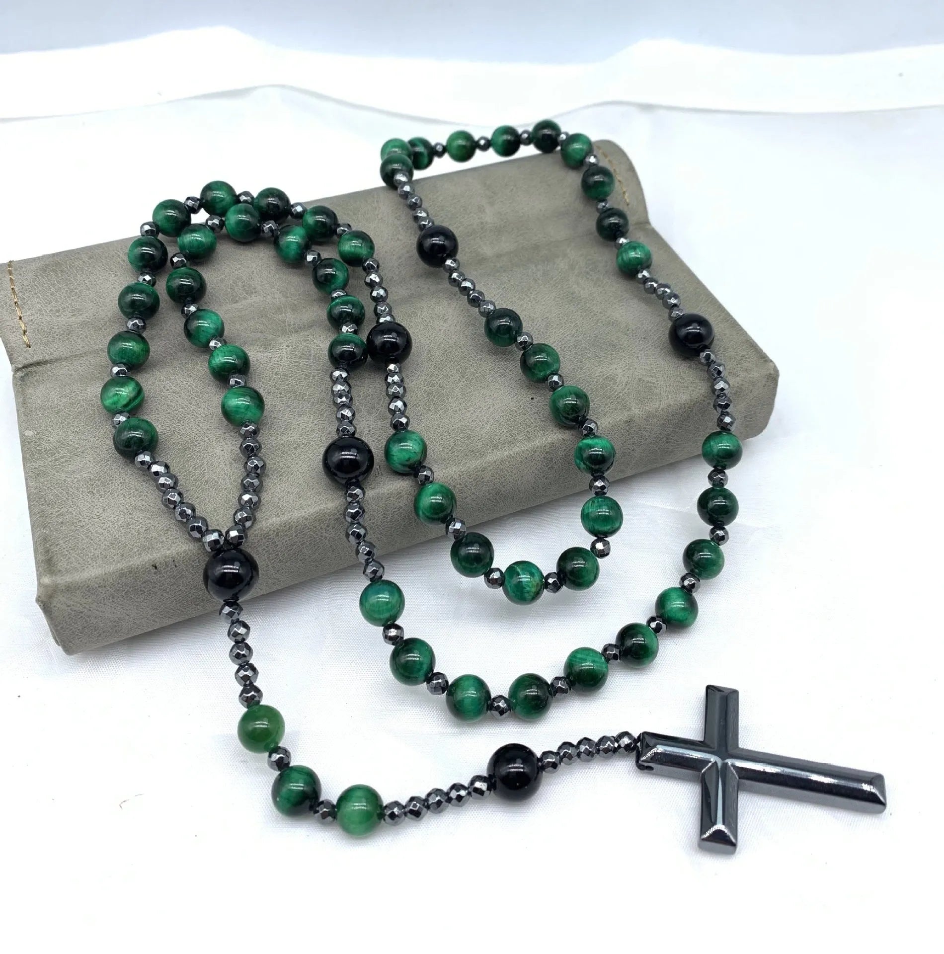Men's stone cross pendant necklace with ball bead chain and safety lock clasp