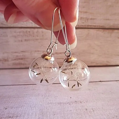 16mm transparent glass ball earrings with crystal dandelion seed detailing on French hooks