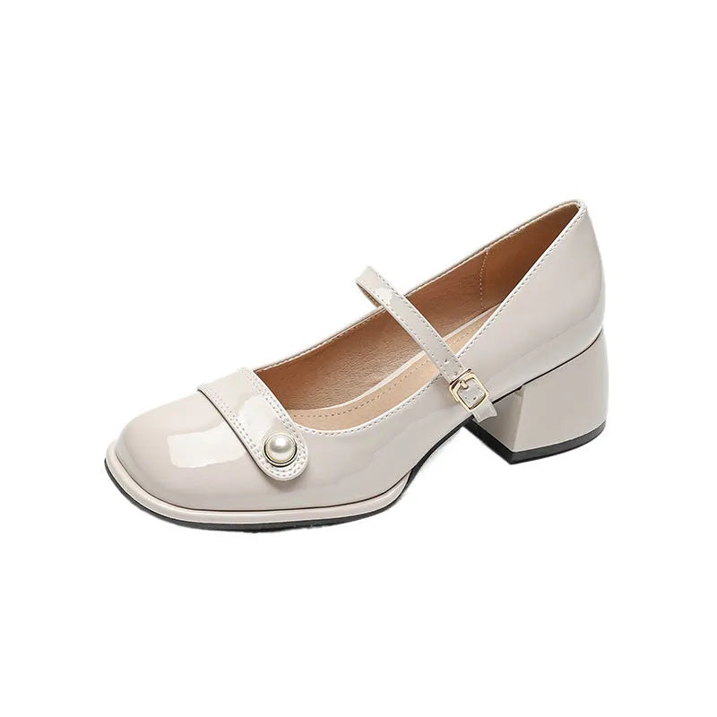 Women's patent leather chunky heel ankle boots with buckle fastening and square toe in three colour options