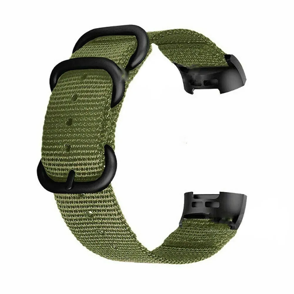 Nylon three-ring buckle replacement strap for Fitbit Charge fitness tracker in multiple colours.